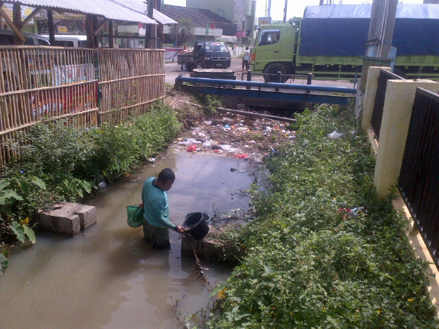 Ganung (27), warga Wayjaha, Kecamatan Pugung, Kabupaten Kotaagung sedang mencari cacing di saluran irigasi penuh sampah di ruas jalan KH Ghalib, Kecamatan Pringsewu. (Anton/Lampungnews.com)