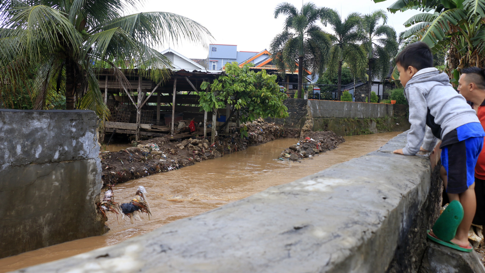 Hujan deras yang mengguyur selama satu jam membuat air di sungai Way Belau, Labuhan Ratu, kembali naik hingga masuk ke rumah warga dengan ketinggian selutut orang dewasa, Minggu (15/04). Tanggul yang sebelumnya sudah jebol yang belum diperbaiki menjadi penyebab utama banjir. (Lampungnews/El Shinta)
