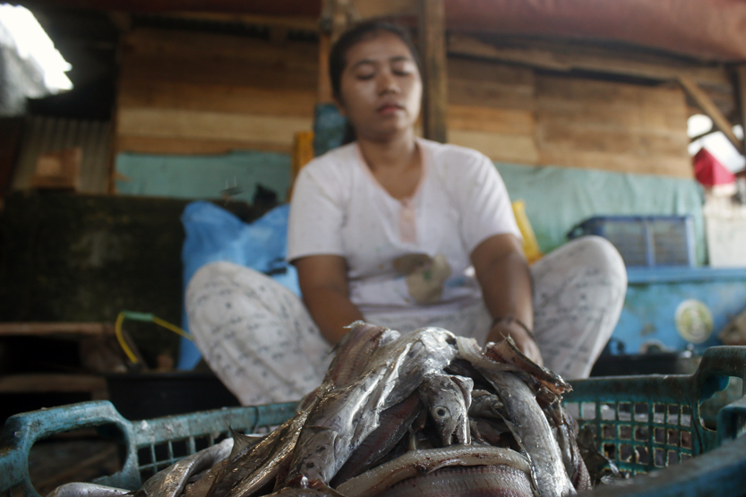 Seorang pengerajin menjemur ikan asin yang nantinya akan dijual di beberapa pasar di Kota Bandar Lampung. Kampung Ujung Bom merupakan salah satu sentral pembuatan ikan asin di Kota Tapis Berseri. (Lampungnews/El Shinta)