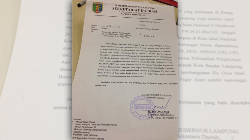 Surat pengehentian pembangunan flyover dari Pemprov Lampung. (Ist)