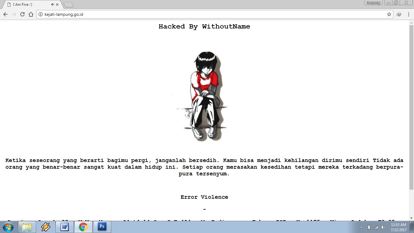 Halaman situs Kejati Lampung yang terkena hacking. (capture)