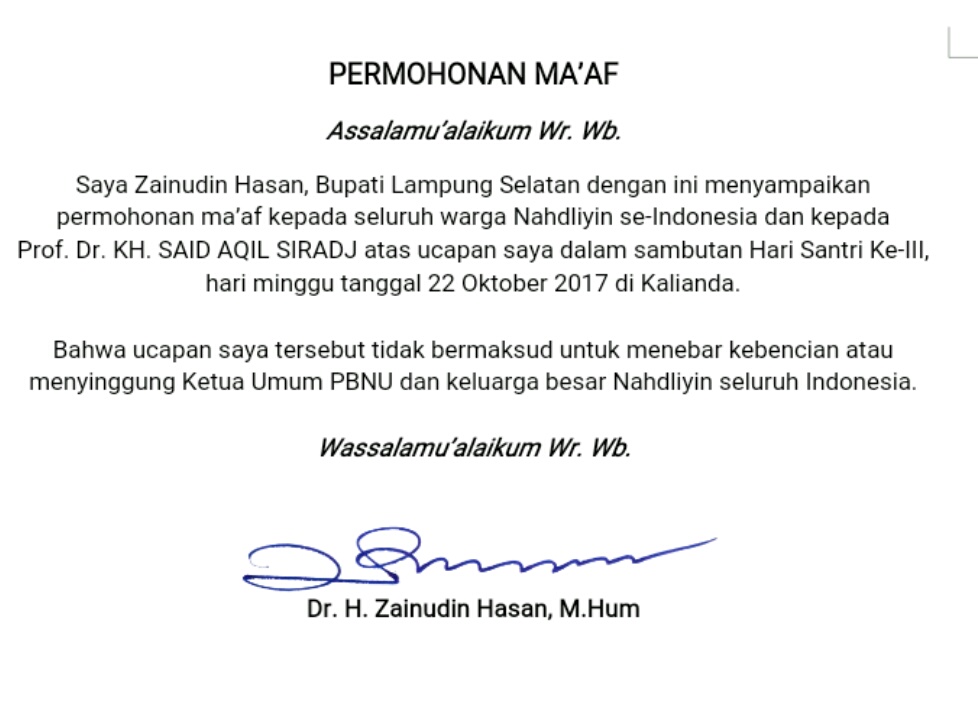 Permohonan maaf tertulis Zainudin Hasan kepada keluarga besar Nahdliyin.